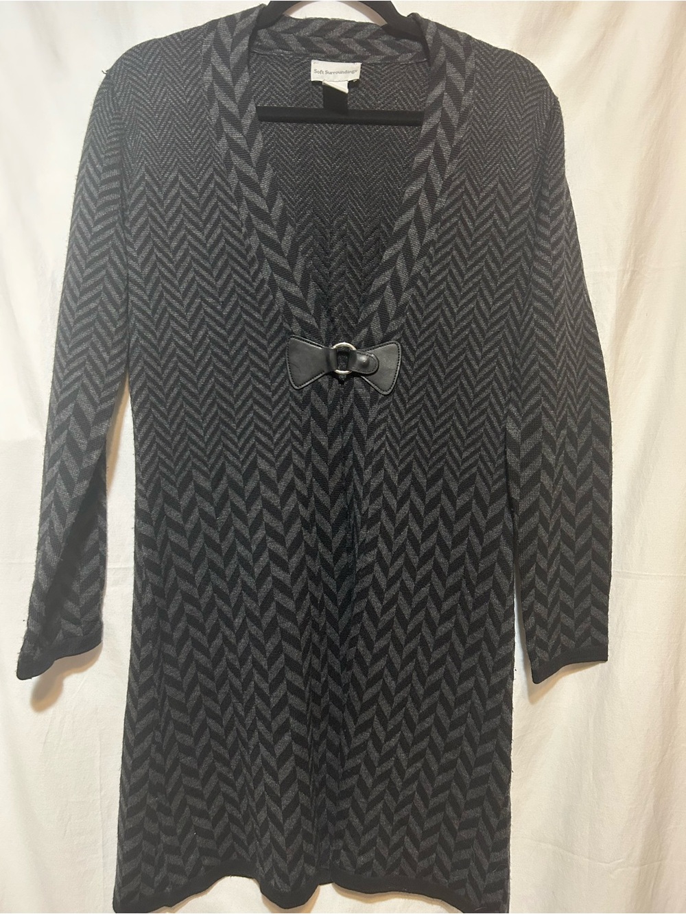 Soft Surroundings Charcoal Herringbone Long Cardigan Sweater S Toggle